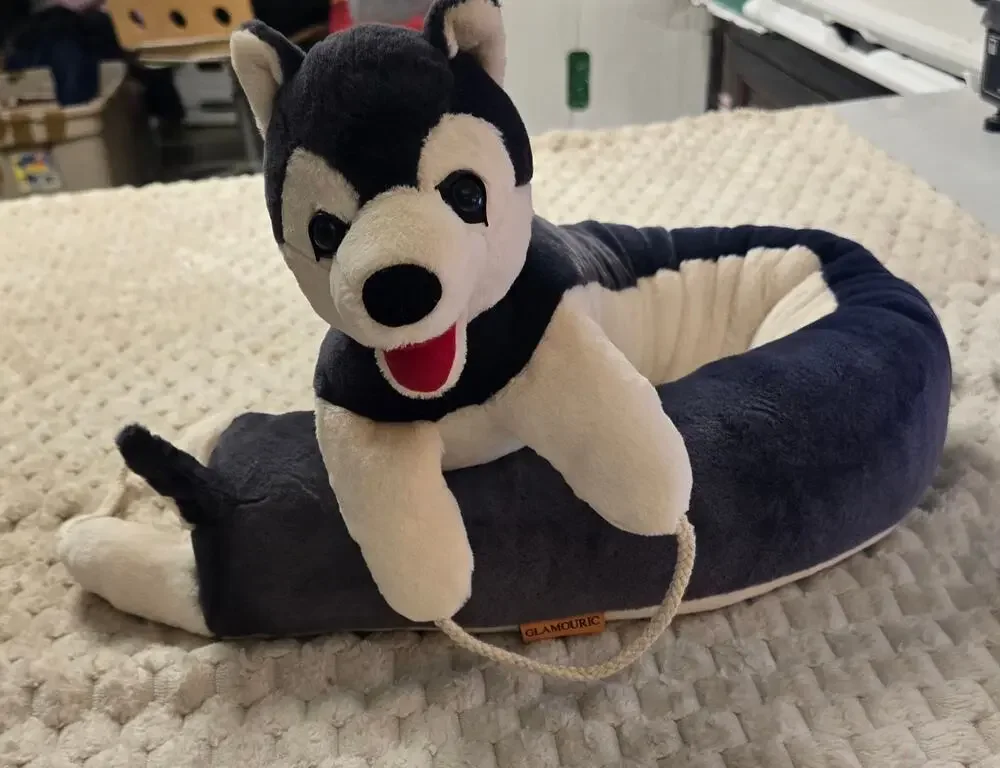 Glamouric Husky Dog Door Draft Stopper 42 Inch Plush Gray White Hanging Loops